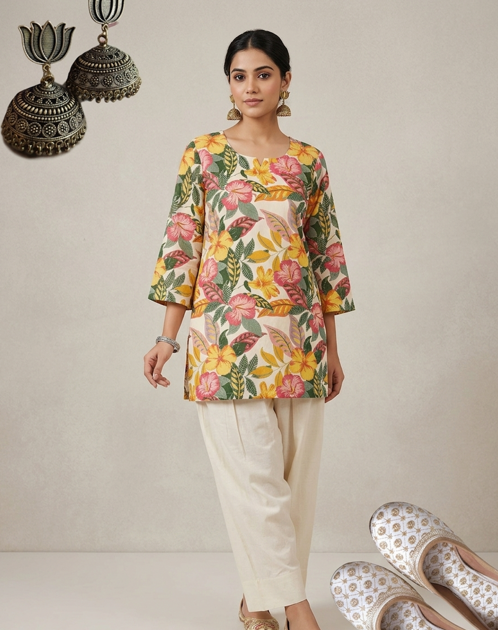 Yellow Linen Printed Kurti